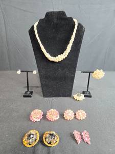 lot 102 image: Vintage Costume Jewelry Lot with Faux Pearl Necklace and Assorted Clip-On Earrings - display not inc