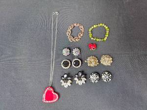 lot 127 image: Vintage Costume Jewelry Lot with Red Heart Pendant Necklace and Clip-On Earrings - display not inc