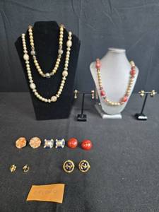 lot 133 image: Avon Jewelry Set with Beaded Necklaces and Clip-On Earrings - displays not inc