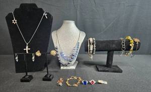 lot 134 image: 925 Ring w Red Stone Sz 8 & Collection of Costume Jewelry Including RMN Necklace, Bracelets, ART & Lia Sophia Earrings - displays not inc