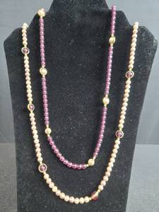 lot 135 image: Set of Beaded Necklaces with Faux Pearl, Gold Tone, and Purple Beads - displays not inc