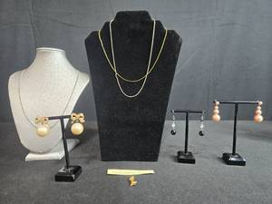 lot 141 image: Jewelry Collection Featuring Necklaces, Assorted Earrings, and Hong Kong Pin - display not inc