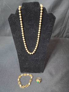 lot 145 image: VTG Marvella Faux Pearl Necklace, Gold Tone & Rhinestone Bracelet, Vogue Adjustable Sunflower Ring