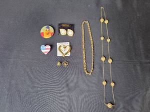 lot 164 image: Collection of Vintage Necklaces, Pins and Costume Jewelry Including Lioness Club and Patriotic Heart - display not inc