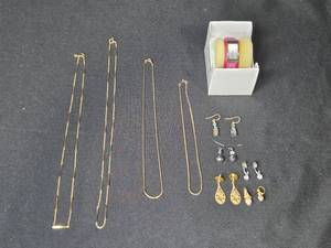 lot 165 image: Jewelry Collection with Necklaces (one Avon), Earrings, and Fossil Wristwatch (untested)