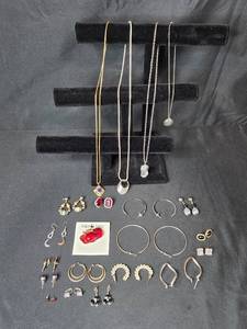 lot 166 image: Collection of Necklaces and Assorted Earrings Including Hoops, Studs, and Dangles - display not inc