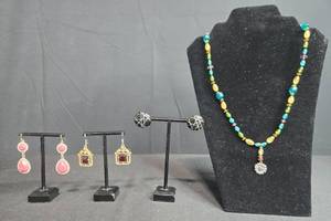 lot 175 image: Turquois Like Pendant Necklace & Jewelry Collection with Beaded Necklace and Pairs of Assorted Earrings - displays not inc