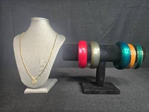 lot 180 image: Costume Jewelry Set with Pendant Necklace, Clip-On Earrings, and Colorful Bangles - display not inc