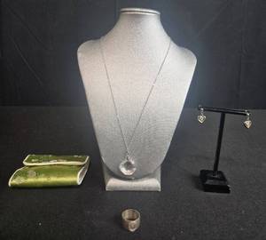 lot 183 image: Sterling Ring SZ 3 & Crystal Pendant Necklace, Heart Earrings and Pouch - display not inc