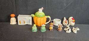 lot 192 image: Salt & Pepper Collection w Ceramic Pairs and Holiday Decor Collection with Pumpkin Teapot