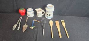 lot 196 image: Kitchen Utensil and Decor Collection with Vintage Silver Plate, Storage Jars, and Strawberry Container