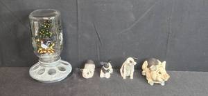 lot 197 image: Collection of Farm Animal Figurines and Hand-Painted Glass Feeder Ornament