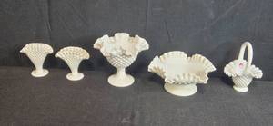 lot 199 image: Fenton Fan Vases & Set of Vintage White Milk Glass Hobnail Bowls and Basket (handle has been repaired)