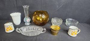 lot 201 image: Vintage Glassware and Ceramic Decor Collection Including Milk Glass, Amber Bowl, and Japan Floral Set