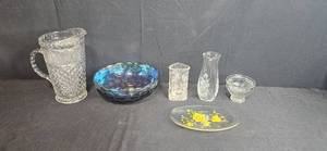 lot 202 image: Vintage Glassware Collection with Pitcher, Vases, Bowls, and Decorative Plate
