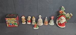 lot 225 image: Holiday Figurine and Bell Collection with Santa Planter and 1998 M&Ms Tin