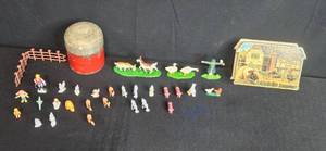 lot 226 image: Vintage 1994 B. Shackman Tin Farm Set with Miniature Animals and Accessories