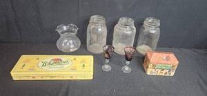 lot 230 image: VRG Pair of Red Etched Cordials, Glass Jar Set, Decorative Empty Tins