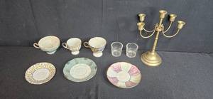 lot 234 image: Vintage Collection Brass Candelabra, Tea Cups and Matching Saucers (inc Napcoware), and Glass Votives