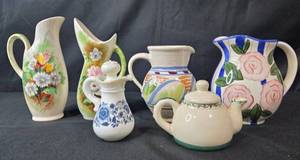 lot 241 image: Set of Decorative Ceramic and Porcelain Pitchers and Teaware