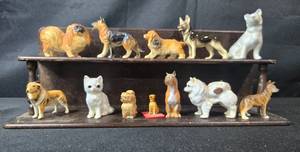 lot 247 image: Collection of Vintage Mini Ceramic Animal Figurines on Wooden Display Stand