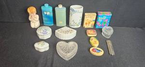 lot 254 image: Collection of Vintage Porcelain, Glass Trinket Boxes, Tins, and Figurine
