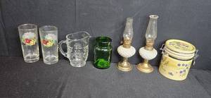 lot 255 image: Collection of Vintage Glassware, Milk Glass Oil Lamps, and Decorative Canister