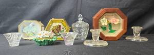 lot 258 image: Collection of Vintage Glass Trinket Boxes and Candle Holders with Floral Decor