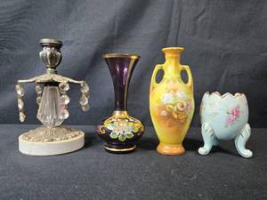 lot 259 image: VTG Hollywood Regency Style Candlestick w Crystal Prisms & Collection of Vintage Floral Porcelain Decorative Pieces