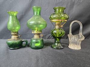 lot 271 image: Set of 3 Vintage Green Glass Oil Lamps and Clear Glass Basket