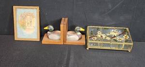 lot 280 image: Decorative Glass Jewelry Box, Duck Bookends, and Framed Mother Verse