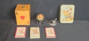 lot 281 image: Vintage Dog Playing Cards, Tin Box, Wooden Card Holder, Mini Globe and Dog Pen Holder Set