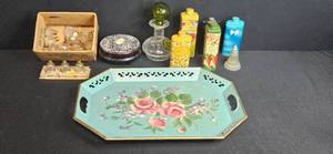 lot 286 image: Vintage Vanity Set with Metal Tray, Perfume Bottles, Talc Tins, and Decorative Accessories