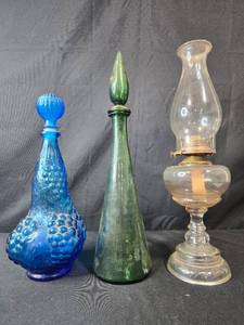 lot 299 image: Set of 3 Vintage Glass Bottles and Oil Lamp