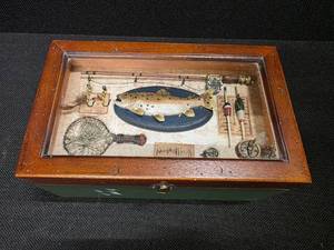 lot 3008 image: Wood Box With Shadow Box Lid filled with Fishing gear in it.