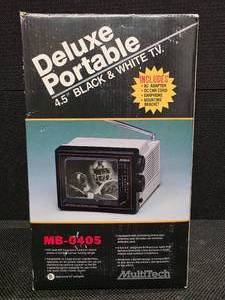 lot 3022 image: MultiTech MB-0405 Deluxe Portable 4.5 Black & White T.V. - New and in-box. Works perfectly