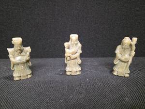 lot 3081 image: 3 Antique Chinese Carvings, likely Soapstone, likely depicting the Trio of Ancient Chinese Wise Men