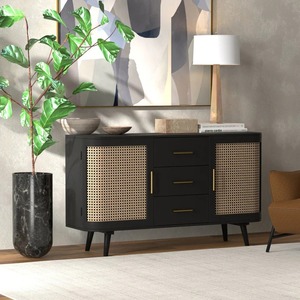 lot 8 image: NEW IN BOX Adebisi 56 Solid Wood Sideboard  Natural Finish, Modern Storage Cabinet, Mid Century Style