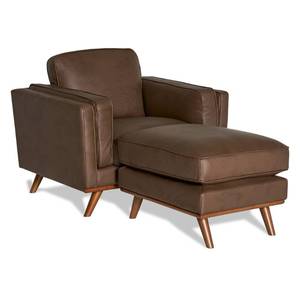 lot 30 image: NEW IN BOX Maddox Chestnut Faux Leather Chair  Ottoman  Mid-Century Luxe Lounge Set - Really Cool Living
