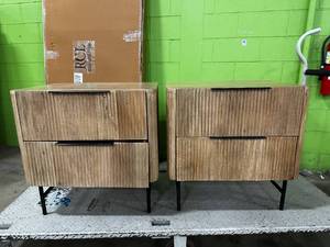 lot 69 image: WOW HIGH END LUXURY DESIGN Pair of Contemporary Reed Nightstands  Natural Finish (damaged drawers, sold as-is)