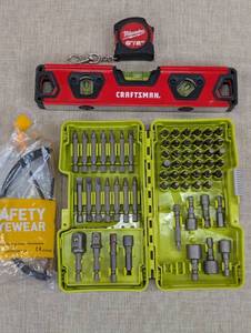 lot 136 image: Tool Set with Drill Bits, Level, Tape Measure, and Safety Glasses