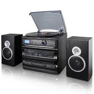 lot 56 image: Trexonic 3-Speed Turntable with CD Player, Dual Cassette Player, BT, FM Radio & USBSD Recording and Wired Shelf Speakers