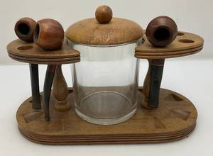 lot 68 image: Vintage Misc. Pipes, Pipe Stand & Tobacco Jar