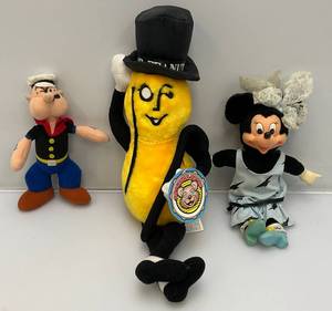lot 74 image: Vintage Collectible Plush Figures Including Mr. Peanut 18, Minnie Mouse 10 & Popeye 8