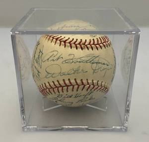 1953 Detroit Lions Signed Baseball Including Names Like, Johnny Peske, Jim Delsing, Bill Hitchcock, Ted Gray, Bob Swift, Bill Wright, Don Lund And Many More In Protective Case