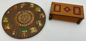 lot 94 image: Misc. Vintage Wooden Items Including Aztec Themed Calendar & Wooden Trinket Box