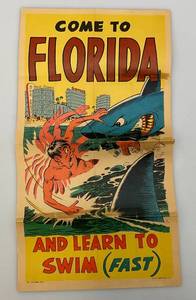 lot 101 image: 1967 TOPPS Chewing Gum Company Come To Florida Learn To Swim Fast Travel Poster 10 x 18 (Tears Present Fixed With Tape)