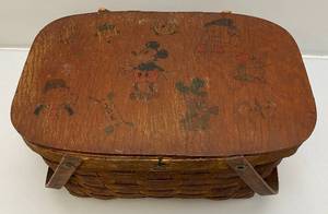 lot 138 image: Very Old Picnic Basket With Hand Drawn Cartoon Characters Like Mickey Mouse, Popeye, Whimpy And More (Very Cool)