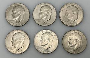 lot 166 image: Misc. Eisenhower Silver Dollars Including Three Bicentennial Thin Print And More