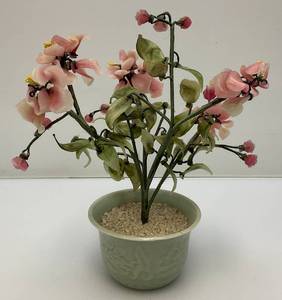 lot 205 image: Vintage Asian Chinese Bonsai Jade, Agate And Glass Flowers In Celadon Vase Pot 9 34 Tall